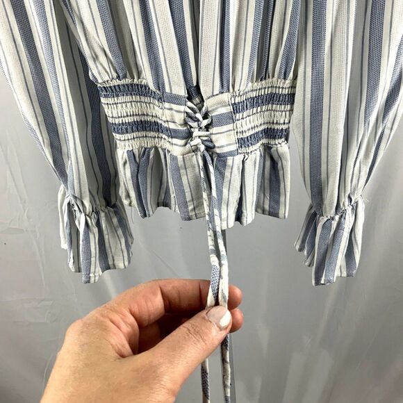 Sage The Label Off Shoulder Blousen Blue Striped 3/4 Sleeve Size XS - Picture 4 of 10